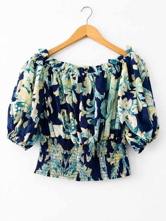 Antica Sartoria Tops - Antica Sartoria Blue Boho Coastal Smocked Off Shoulder Puff Sleeve Top OS NWT